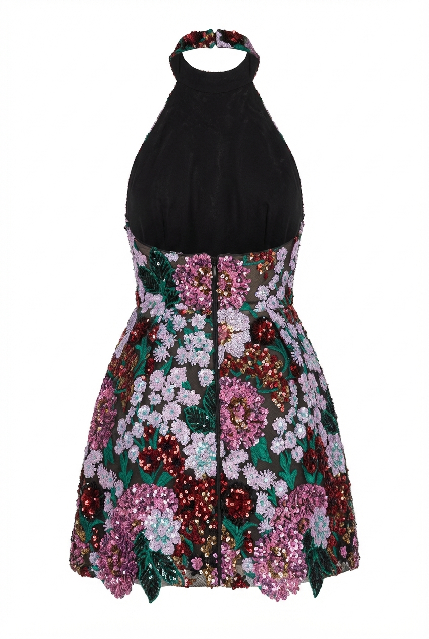A&A Luxe Halter Neck Embroidered Floral Sequined Mini Dress