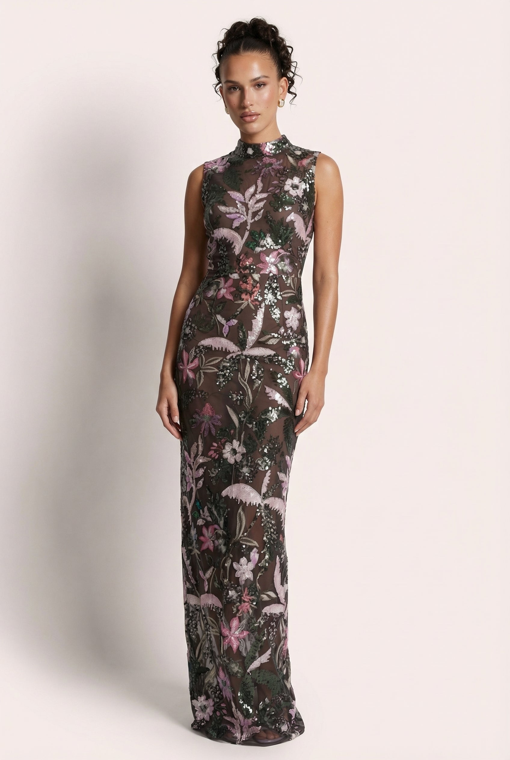 A&A Luxe Embroidered High Neck 
Mesh Floral Sequin Maxi Dress