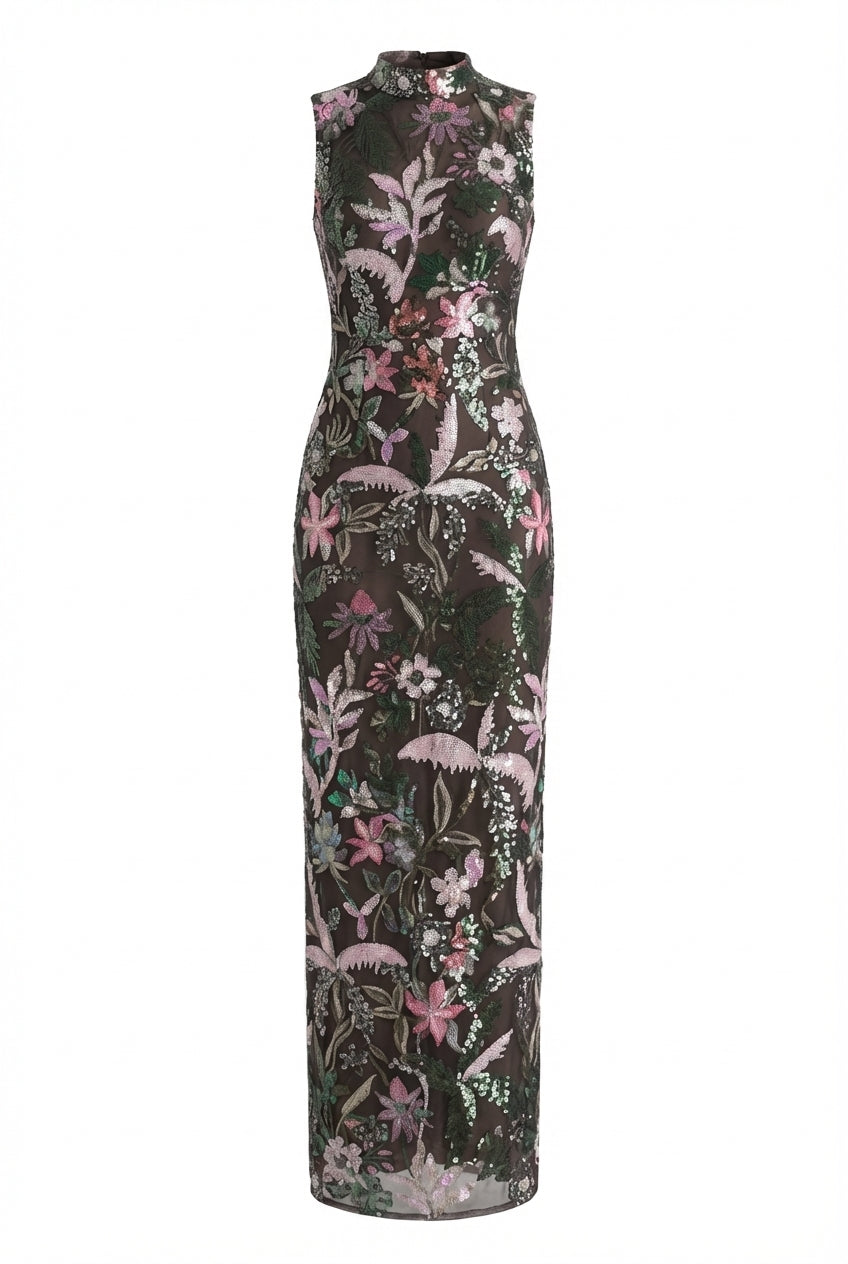 A&A Luxe Embroidered High Neck 
Mesh Floral Sequin Maxi Dress