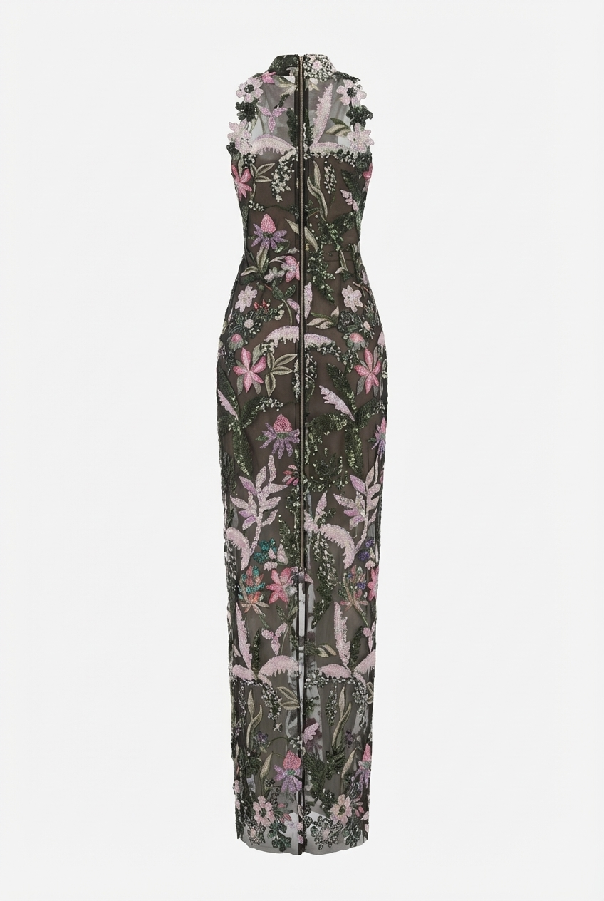 A&A Luxe Embroidered High Neck 
Mesh Floral Sequin Maxi Dress
