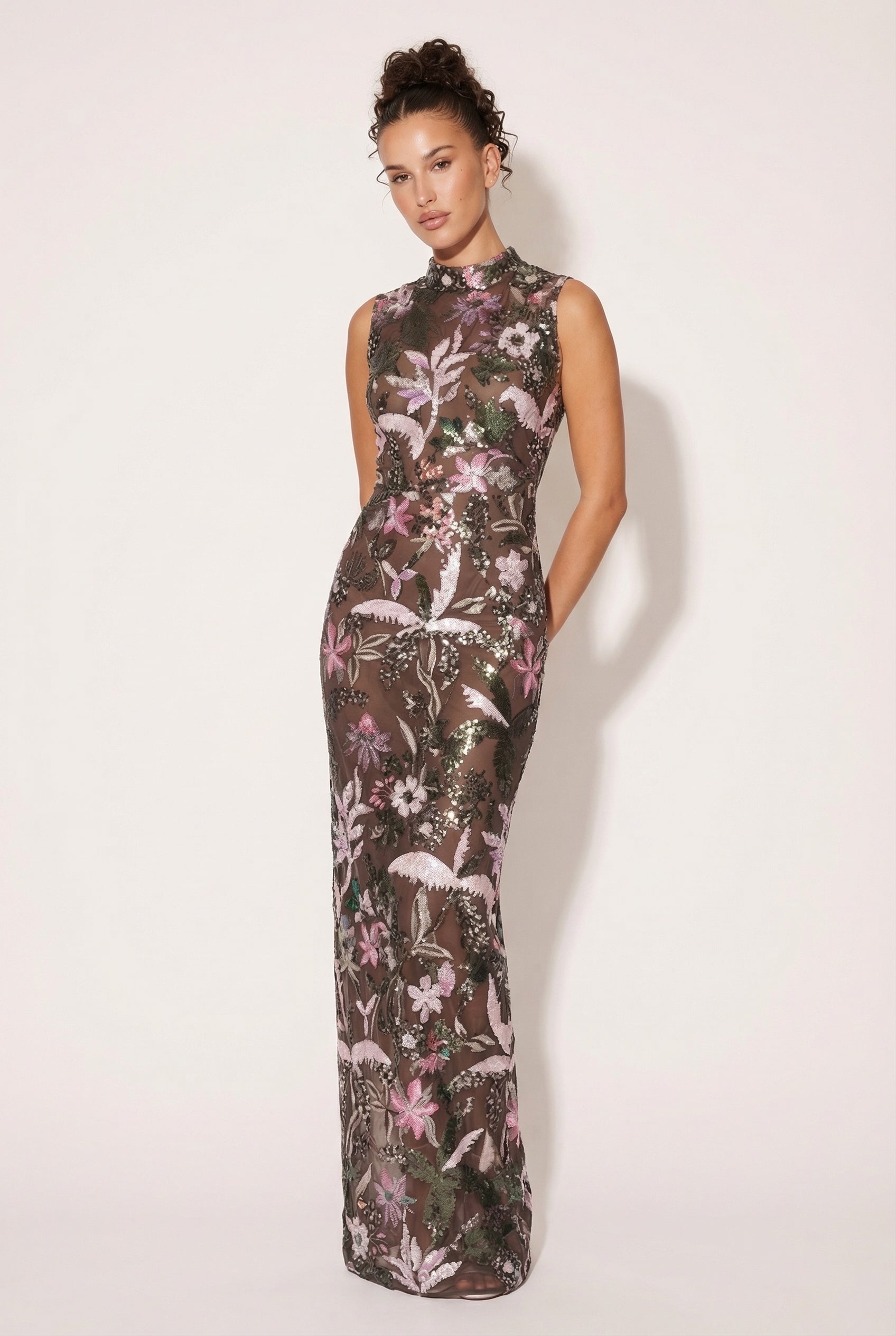 A&A Luxe Embroidered High Neck 
Mesh Floral Sequin Maxi Dress