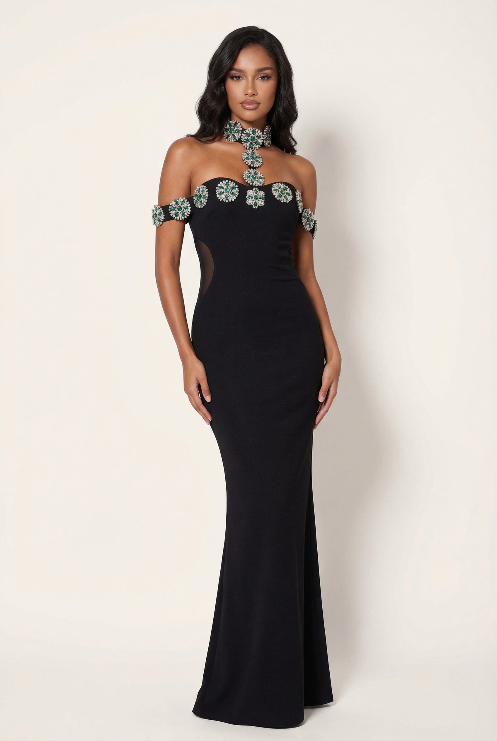 A&A Luxe Embellished Diamonte Crystal Bandage Bodycon Maxi Dress