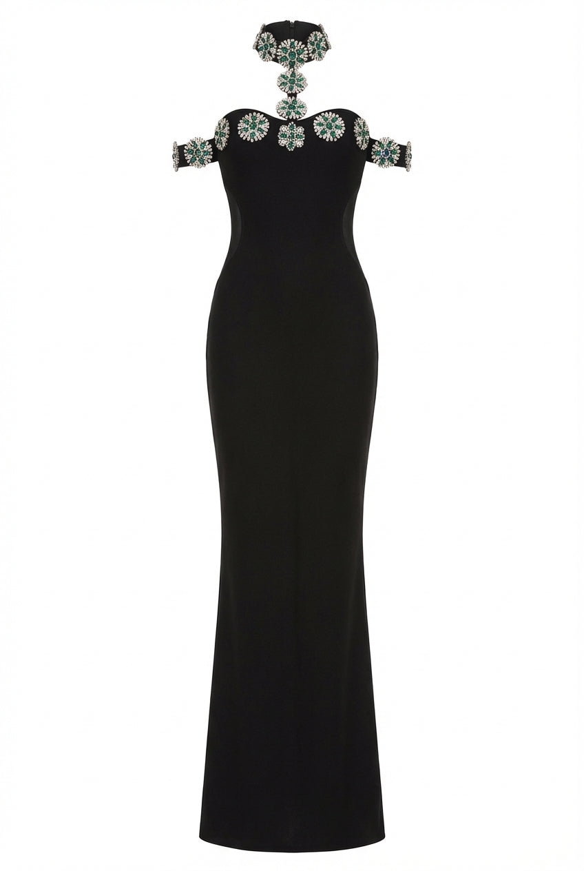 A&A Luxe Embellished Diamonte Crystal Bandage Bodycon Maxi Dress