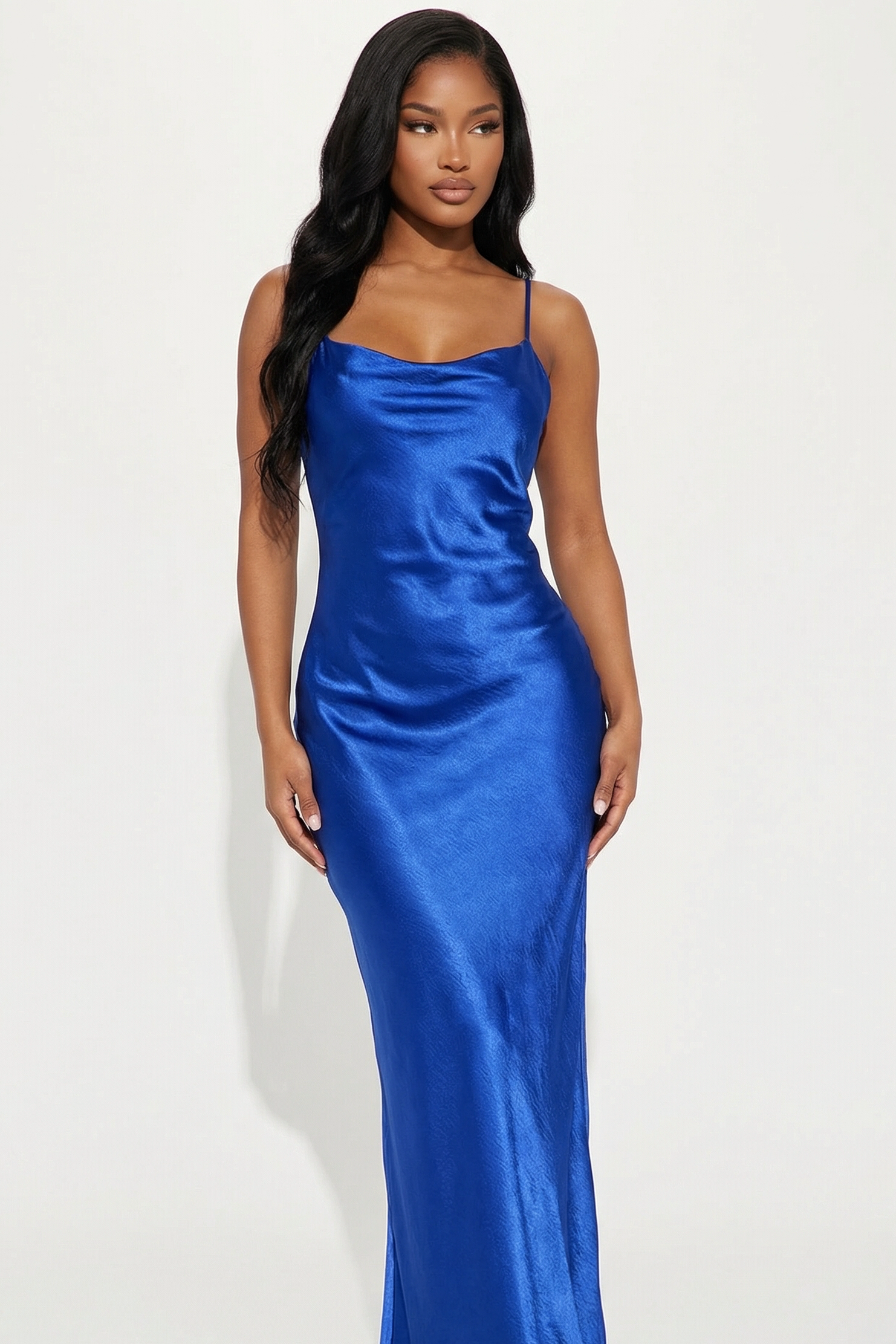 maxi bodycon satin dress A&A Luxen Satin Maxi Bodycon Dress, Navy Blue / S