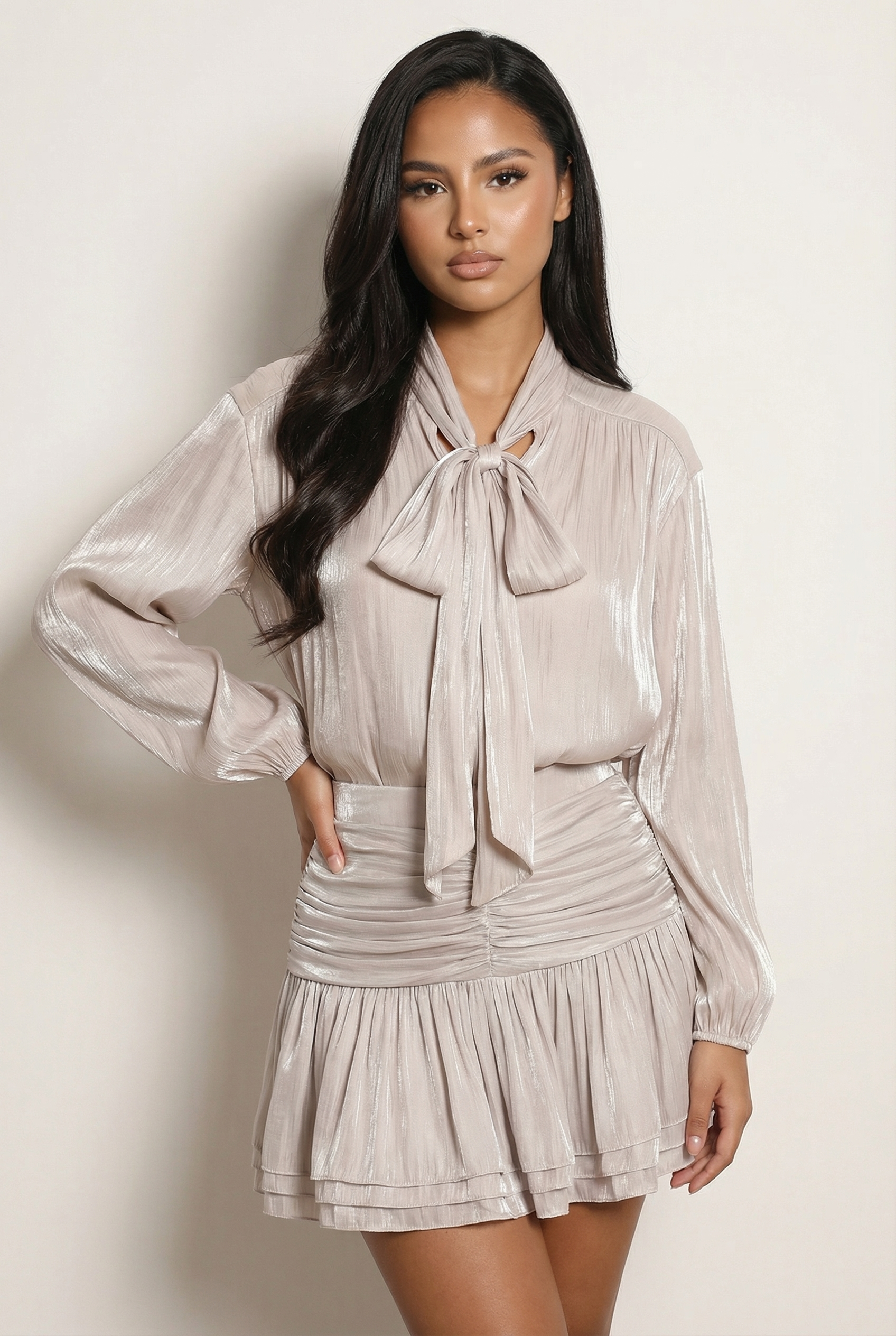 A&A Aurelise Bow Tie Blouse & Ruched Mini Skirt Set