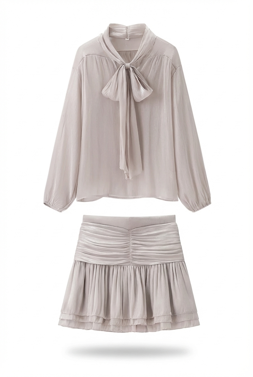 A&A Aurelise Bow Tie Blouse & Ruched Mini Skirt Set