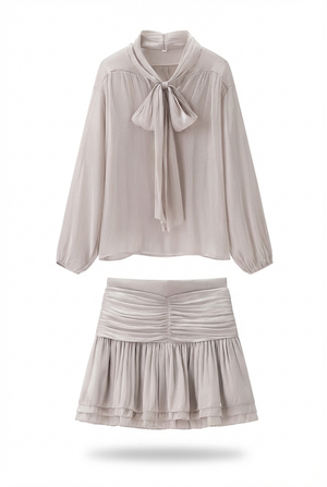 A&A Aurelise Bow Tie Blouse & Ruched Mini Skirt Set