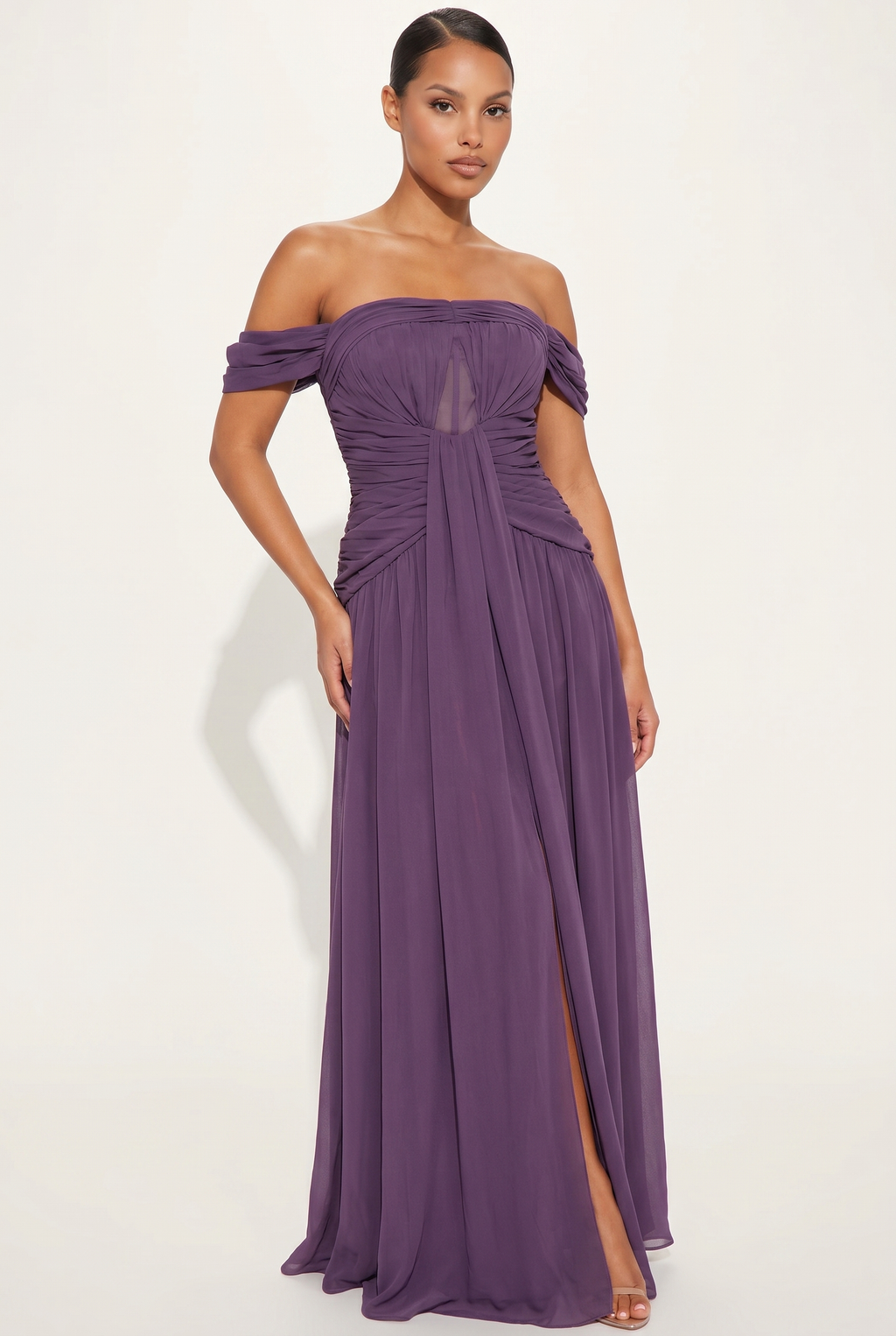 A&A Evara Off Shoulder Chiffon Maxi Dress
