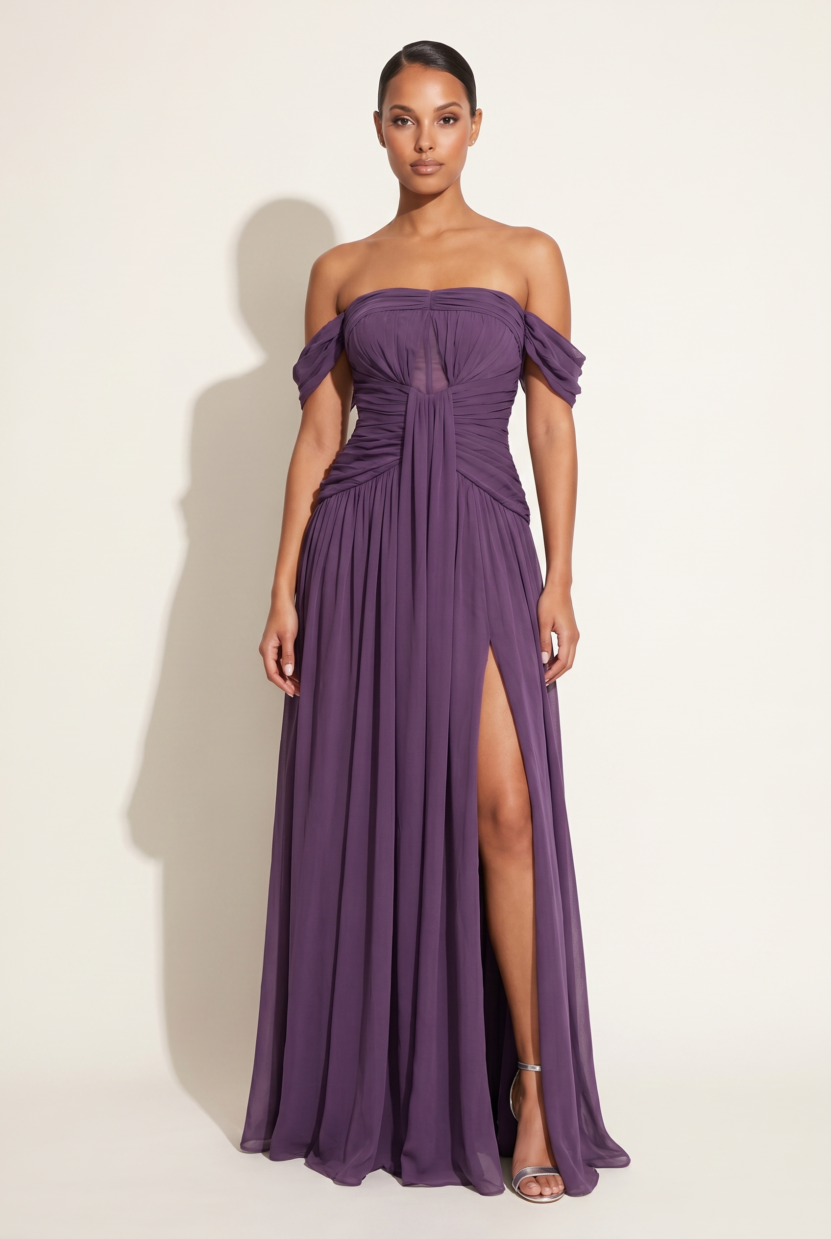 A&A Evara Off Shoulder Chiffon Maxi Dress