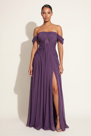A&A Evara Off Shoulder Chiffon Maxi Dress