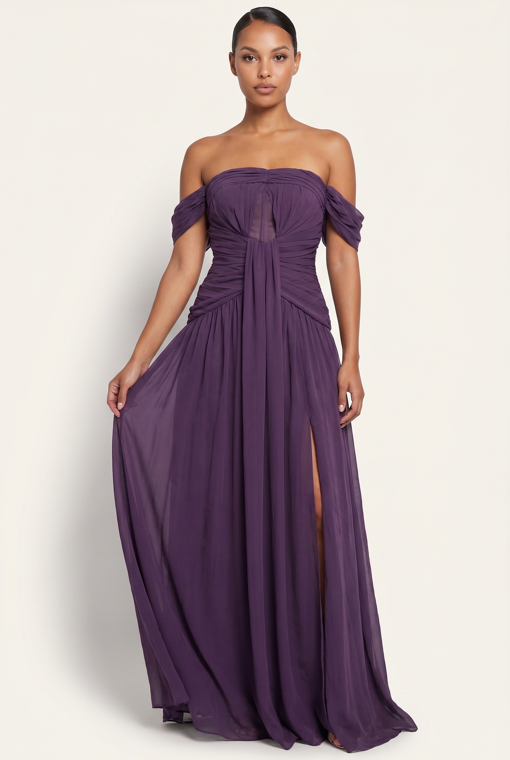 A&A Evara Off Shoulder Chiffon Maxi Dress