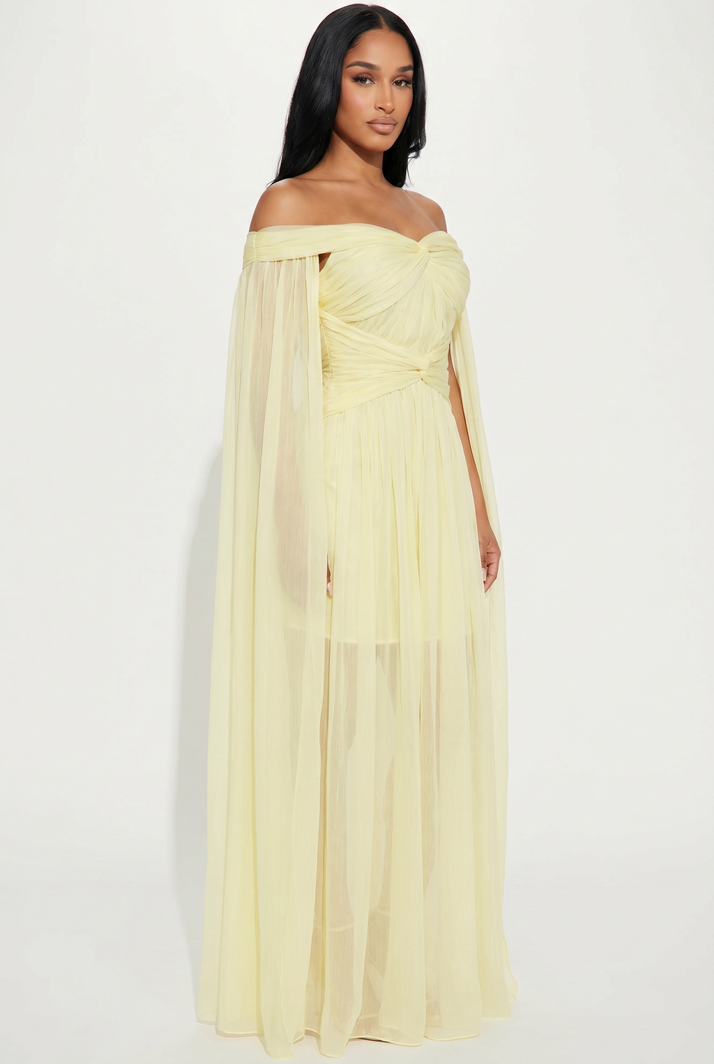 A&A Florielle Draped Mesh Overlay Maxi Dress