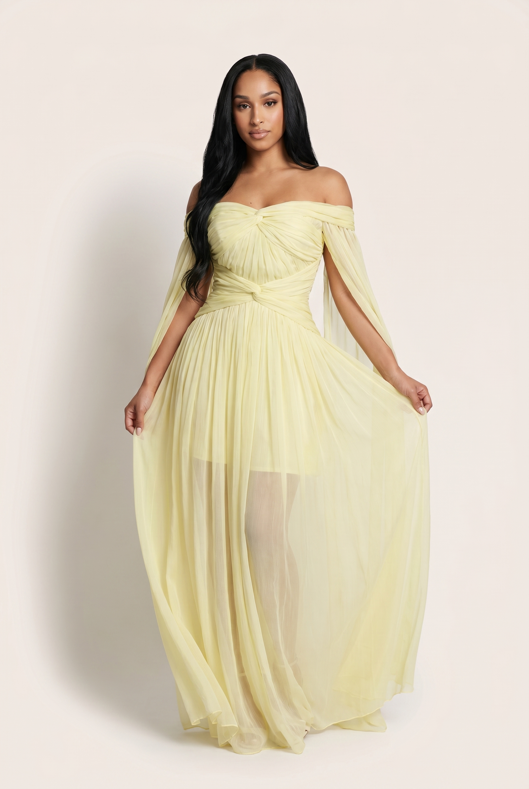 A&A Florielle Draped Mesh Overlay Maxi Dress