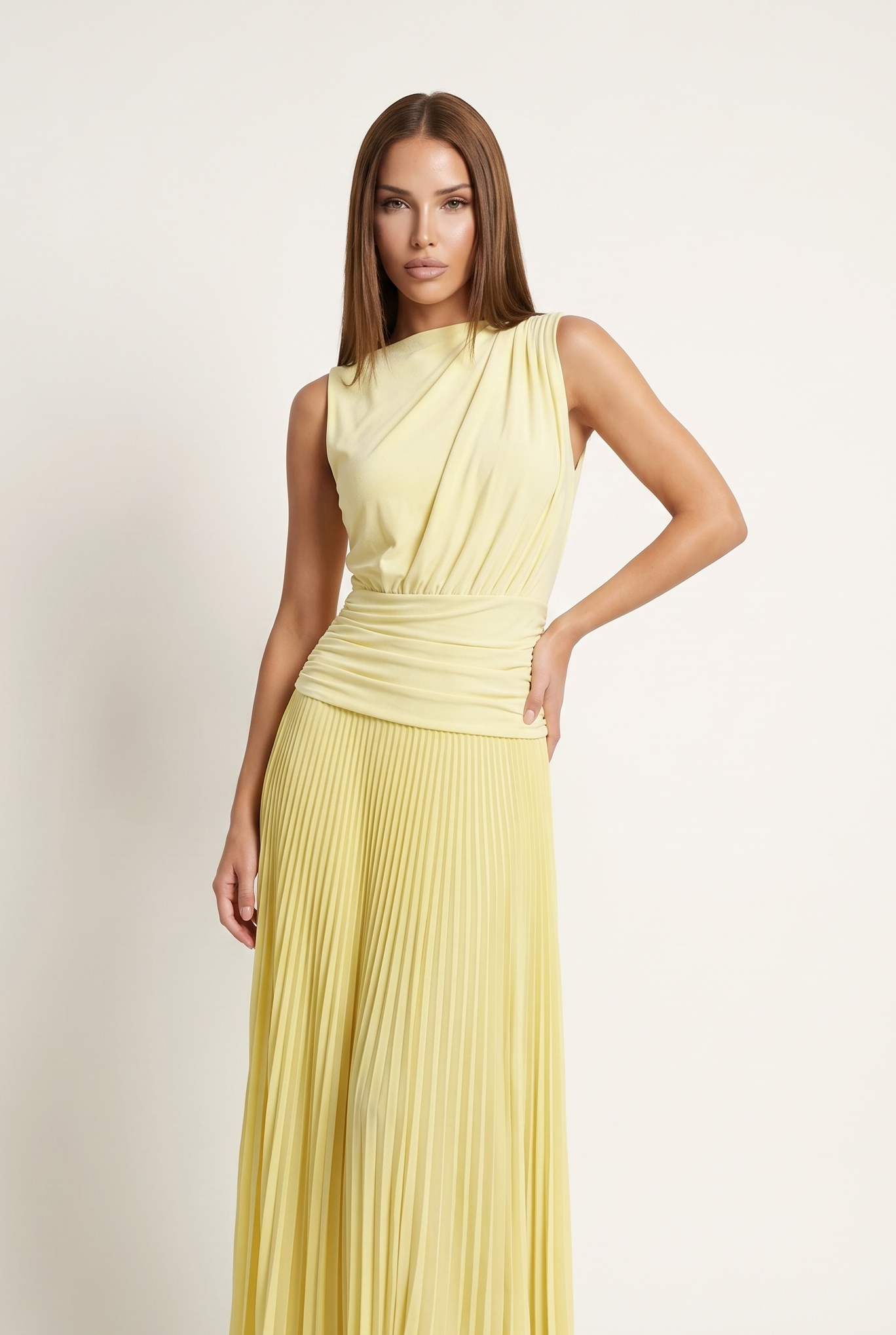 A&A Calira Pleated Draped Maxi Dress