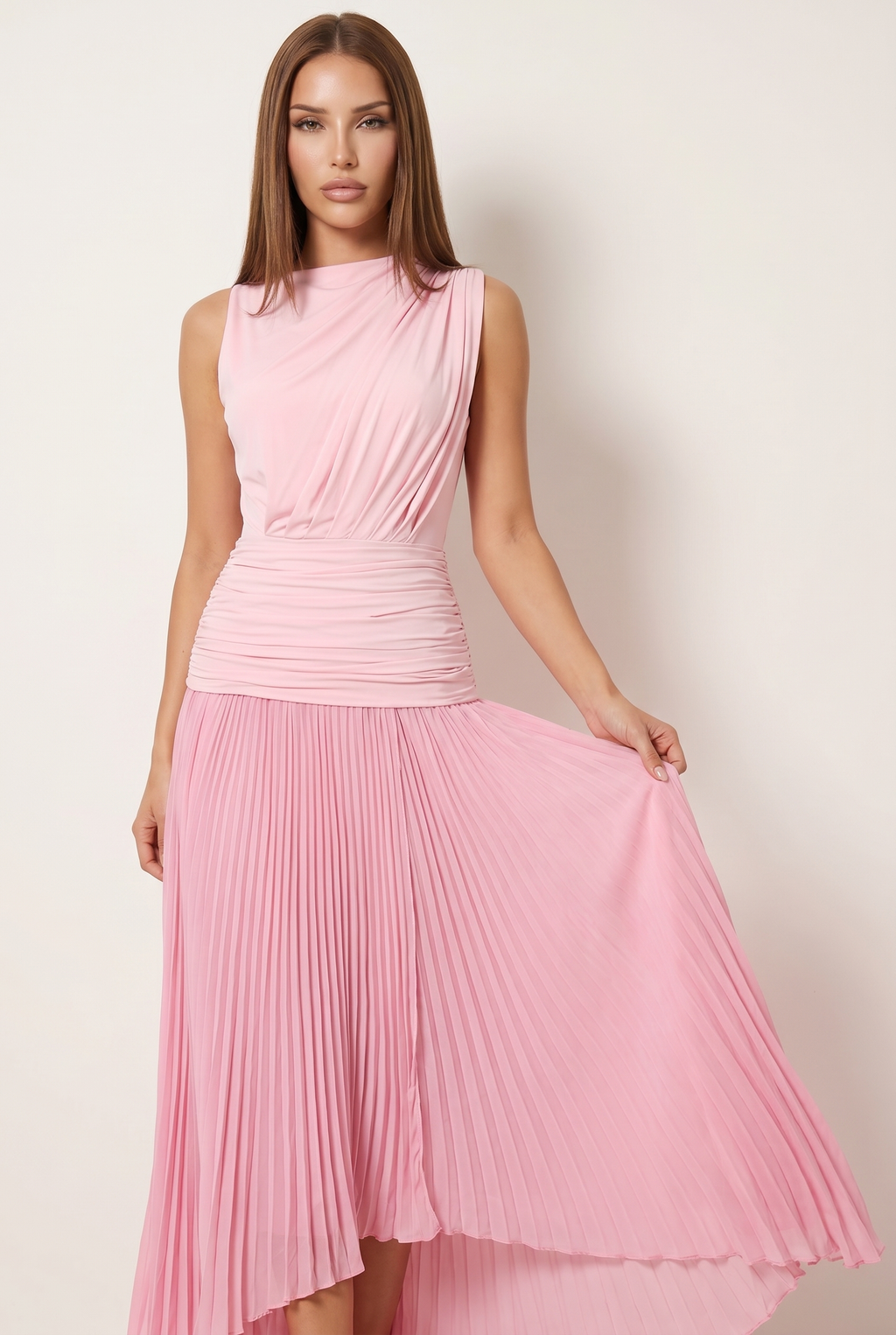 A&A Calira Pleated Draped Maxi Dress