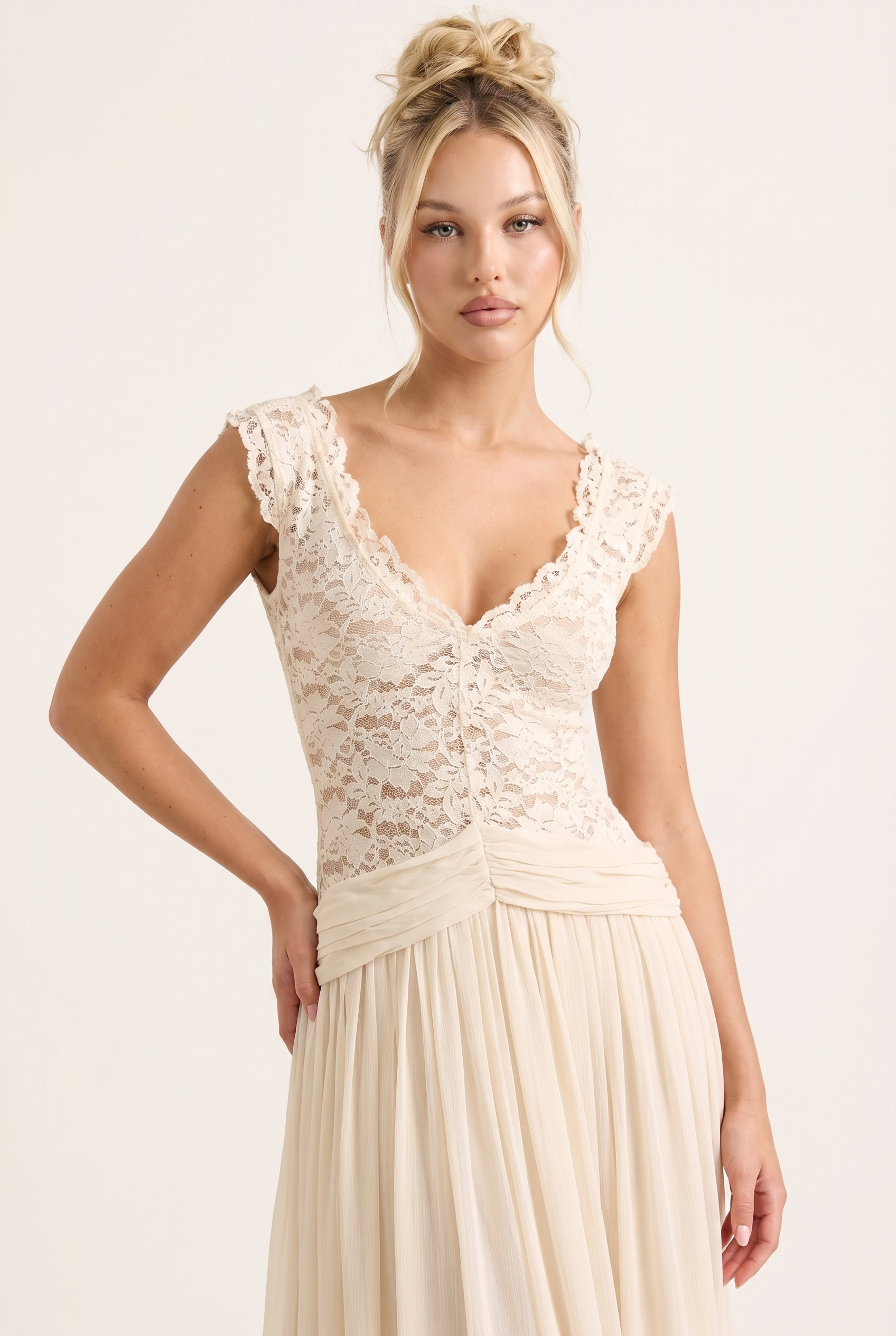 A&A Thalisse Lace Detail Sheer Draped Maxi Dress