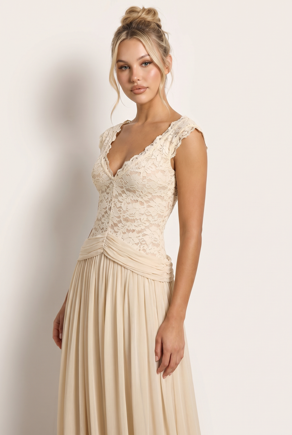 A&A Thalisse Lace Detail Sheer Draped Maxi Dress