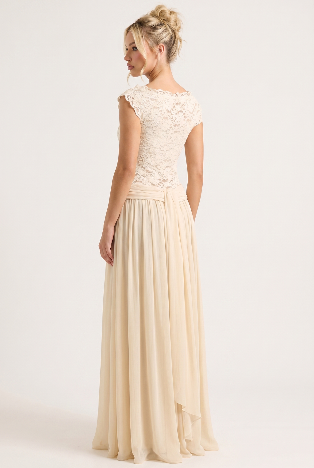A&A Thalisse Lace Detail Sheer Draped Maxi Dress