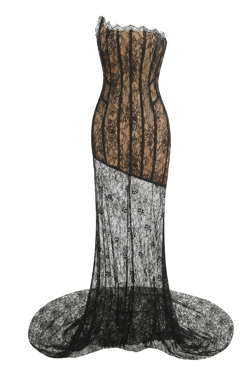 A&A Zirelle Corset Draped Mesh Maxi Gown Dress