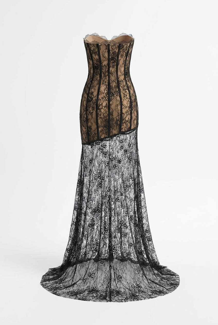 A&A Zirelle Corset Draped Mesh Maxi Gown Dress