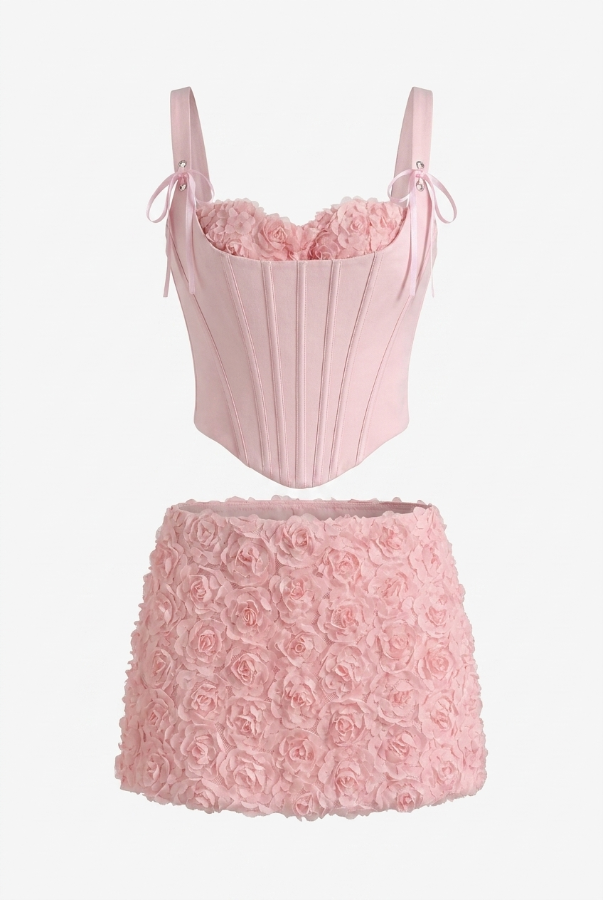 A&A Velisse Rose Detail Lace Up Corset & Mini Skirt Set