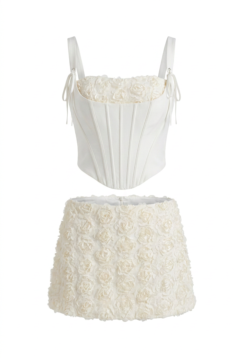 A&A Velisse Rose Detail Lace Up Corset & Mini Skirt Set