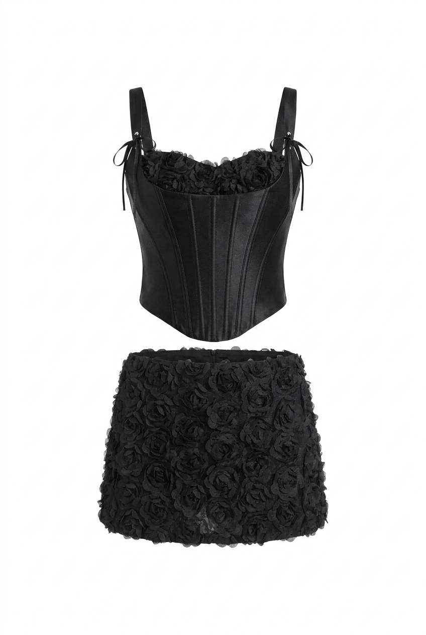 A&A Velisse Rose Detail Lace Up Corset & Mini Skirt Set