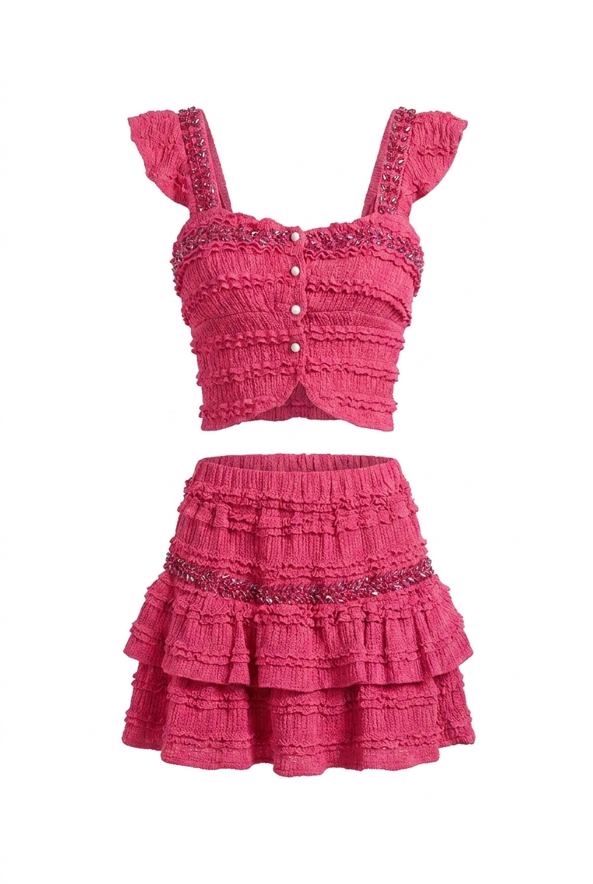 A&A Corisse Beaded Detail Ruffle Top & Mini Skirt Set