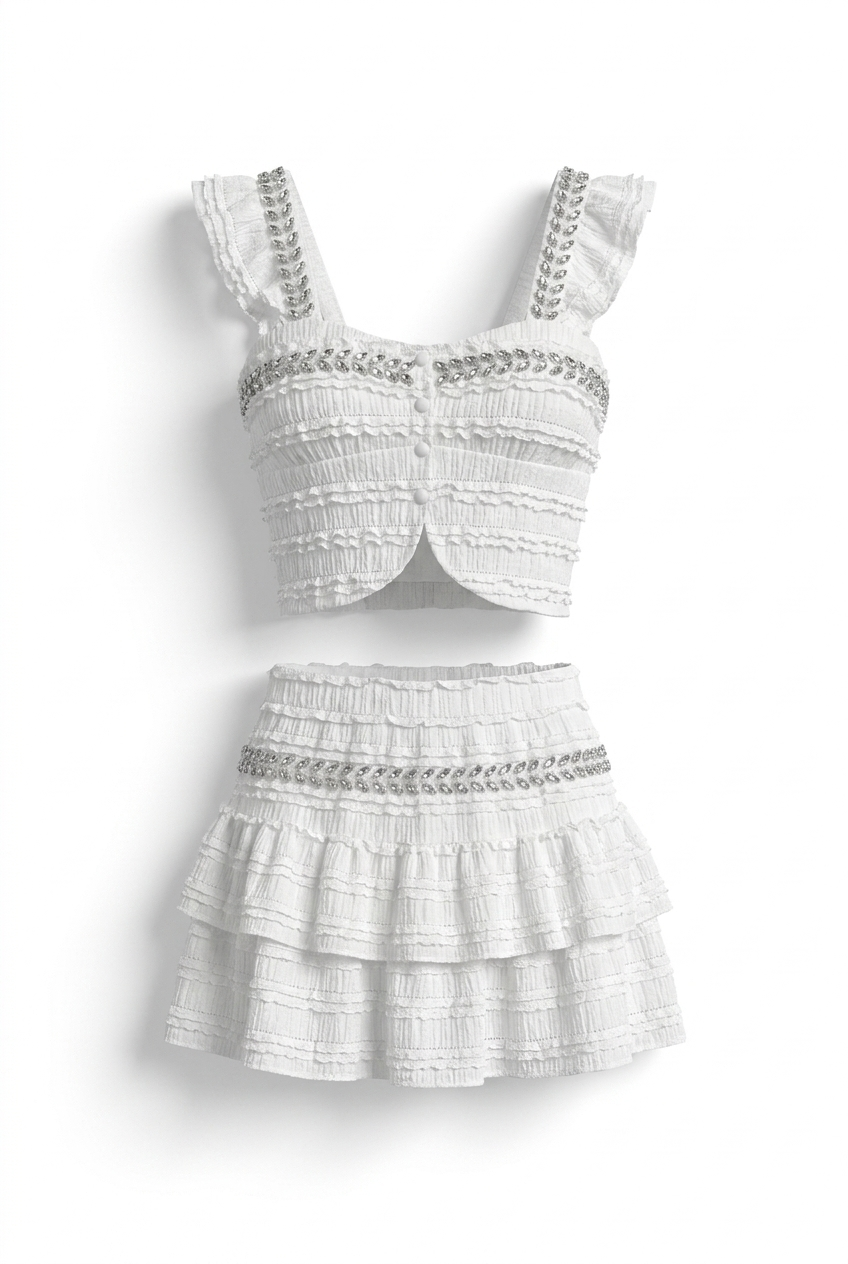 A&A Corisse Beaded Detail Ruffle Top & Mini Skirt Set