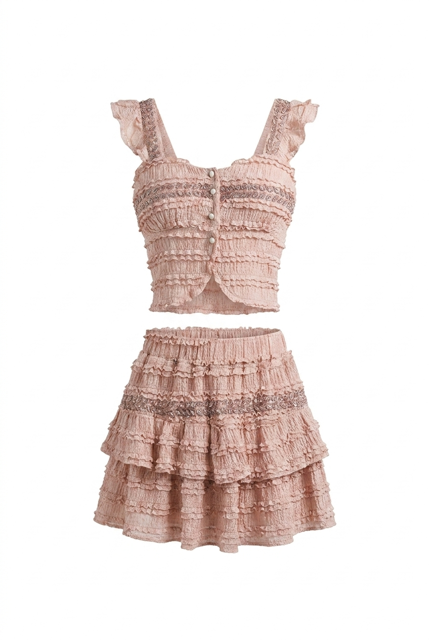 A&A Corisse Beaded Detail Ruffle Top & Mini Skirt Set