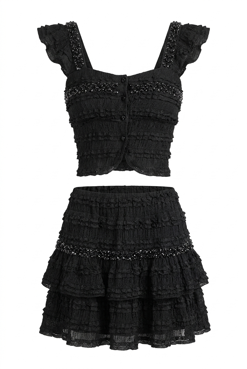 A&A Corisse Beaded Detail Ruffle Top & Mini Skirt Set