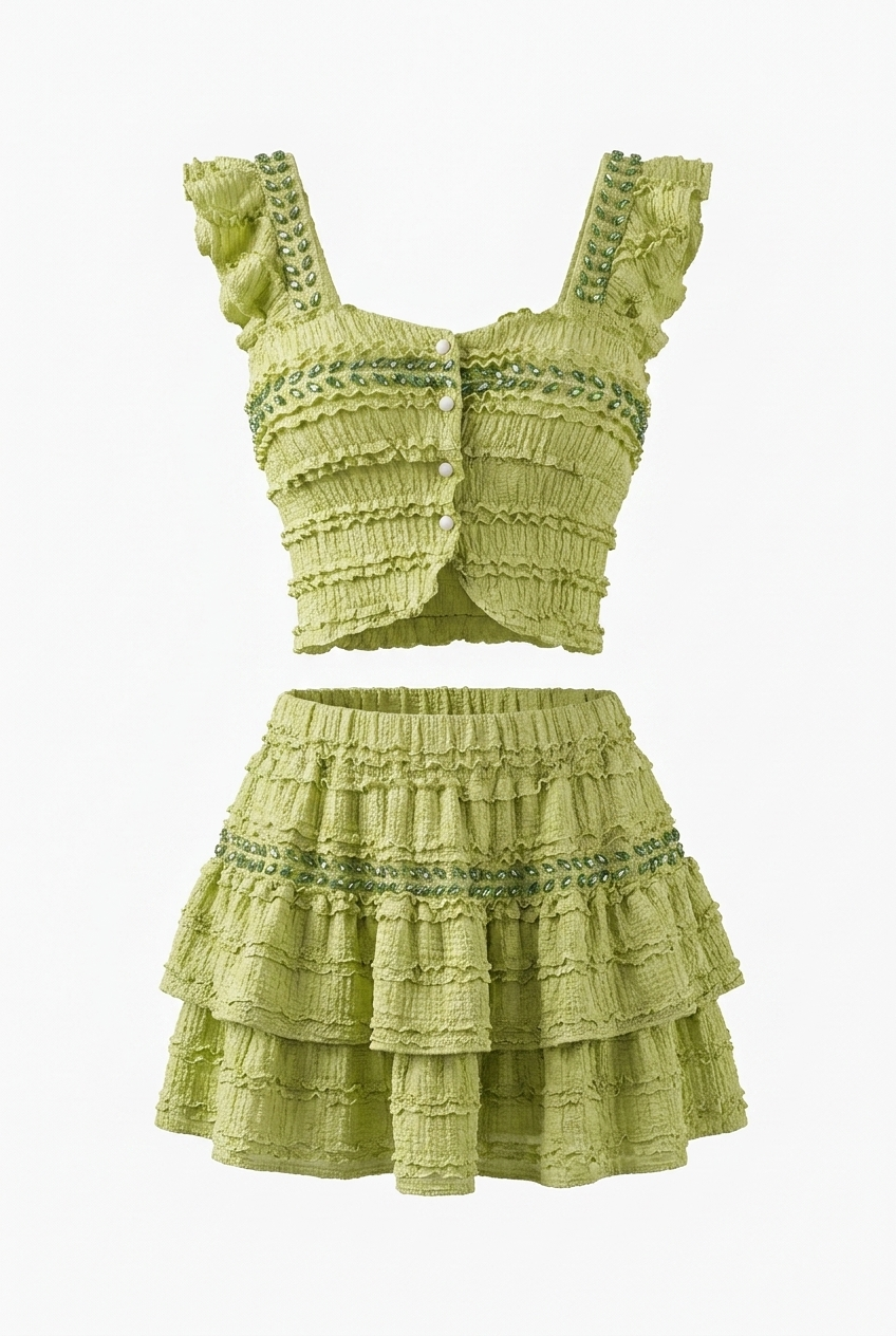 A&A Corisse Beaded Detail Ruffle Top & Mini Skirt Set