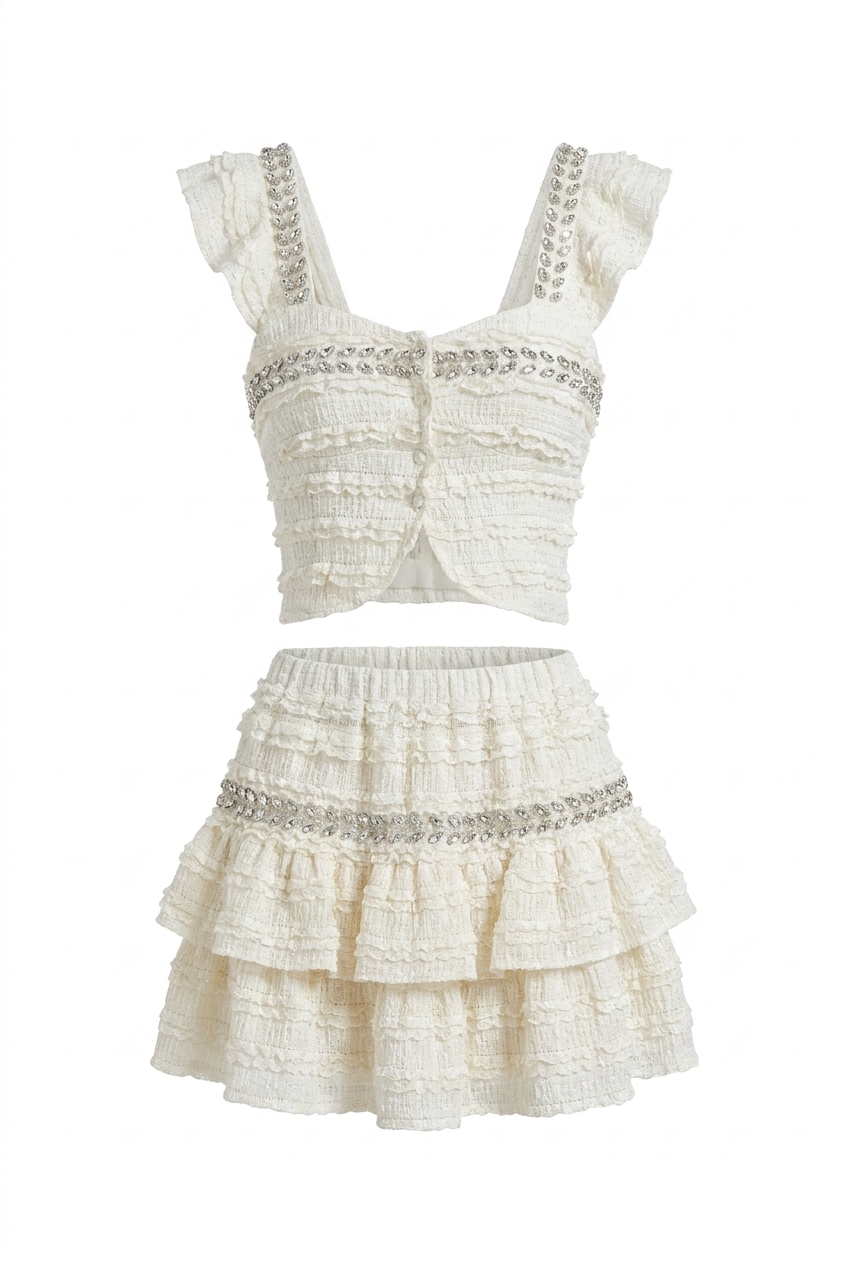 A&A Corisse Beaded Detail Ruffle Top & Mini Skirt Set