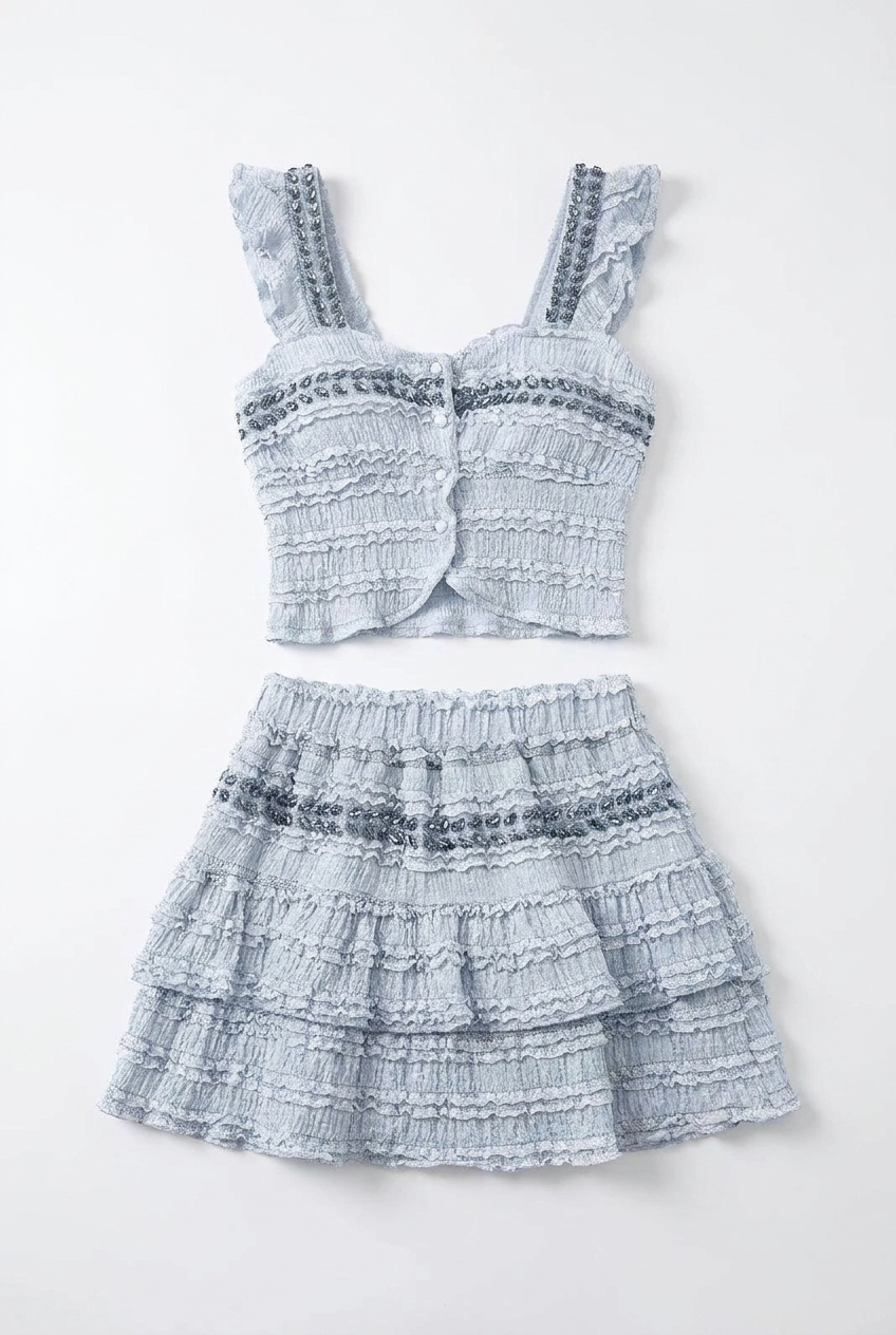 A&A Corisse Beaded Detail Ruffle Top & Mini Skirt Set