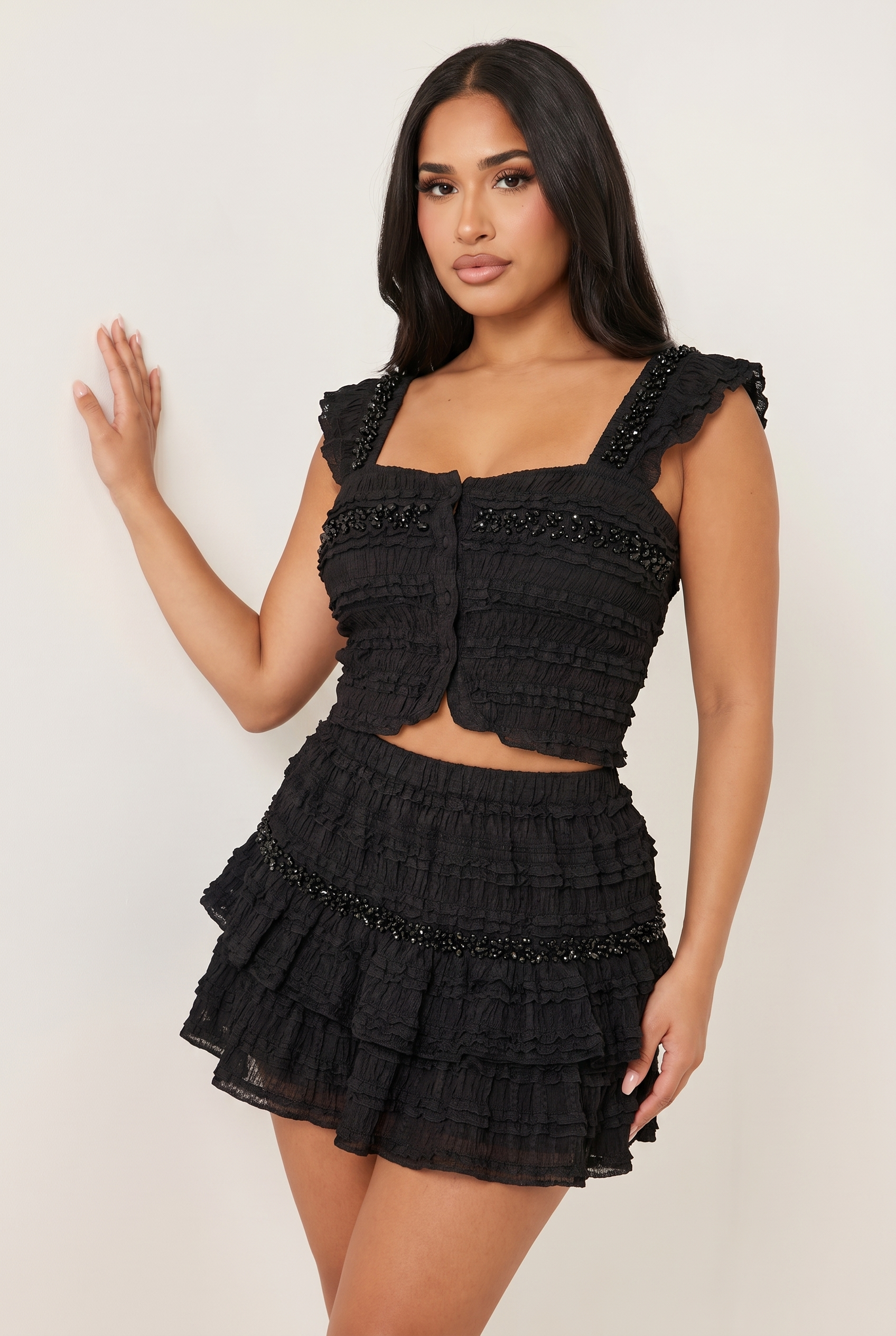 A&A Corisse Beaded Detail Ruffle Top & Mini Skirt Set