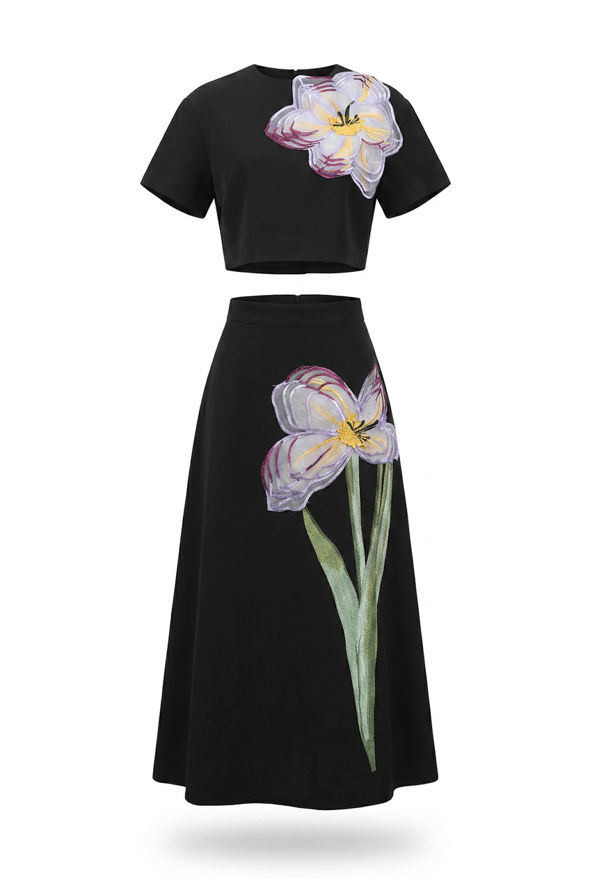 A&A Aurevia Floral Embroidered A-Line Midaxi Skirt & Top Set
