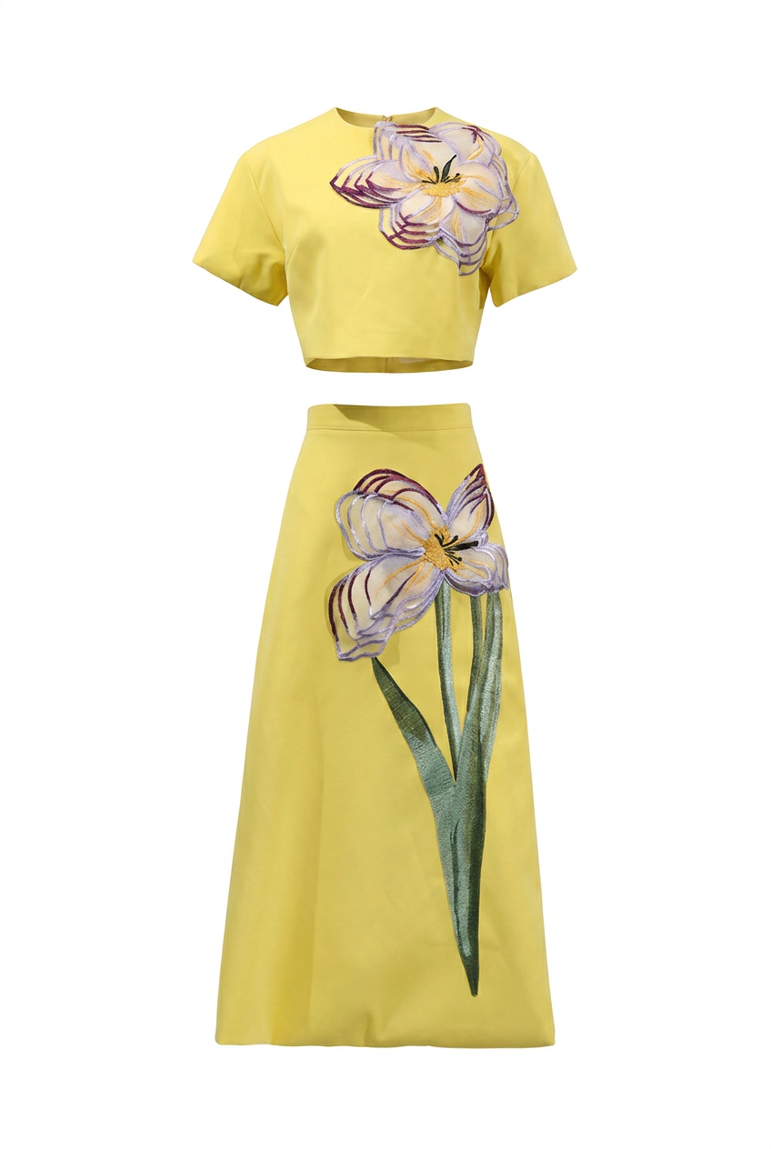 A&A Aurevia Floral Embroidered A-Line Midaxi Skirt & Top Set
