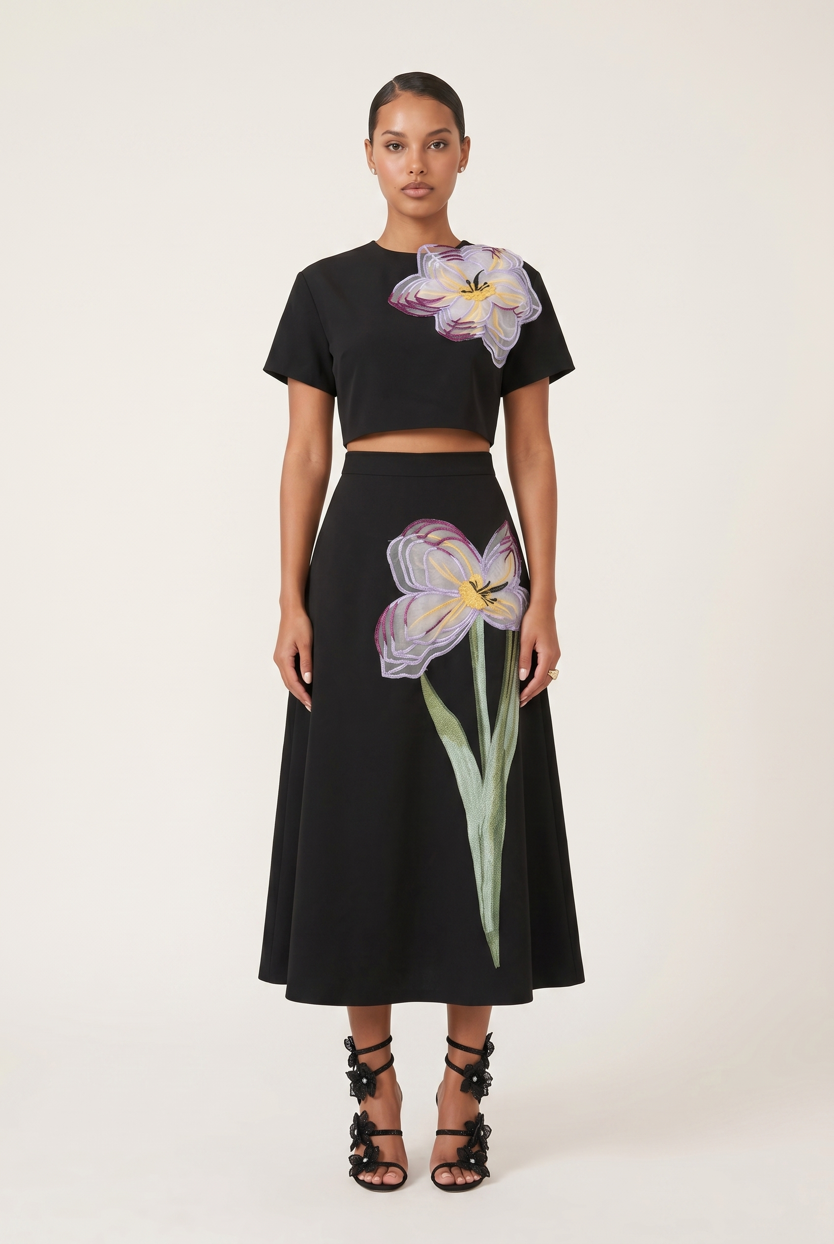 A&A Aurevia Floral Embroidered A-Line Midaxi Skirt & Top Set