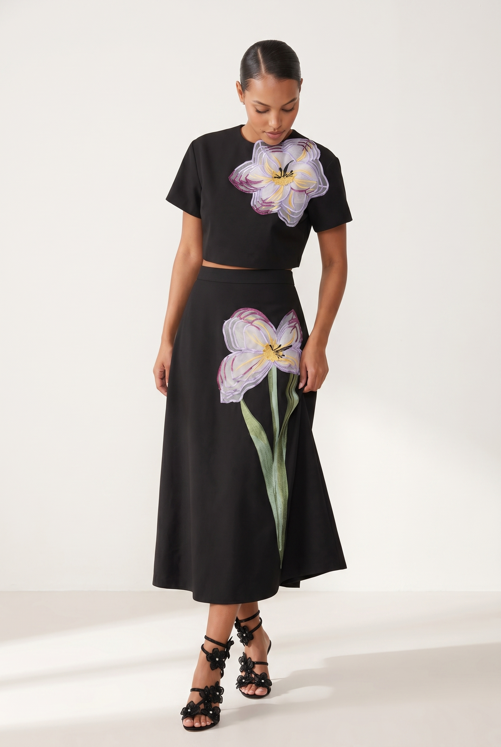 A&A Aurevia Floral Embroidered A-Line Midaxi Skirt & Top Set