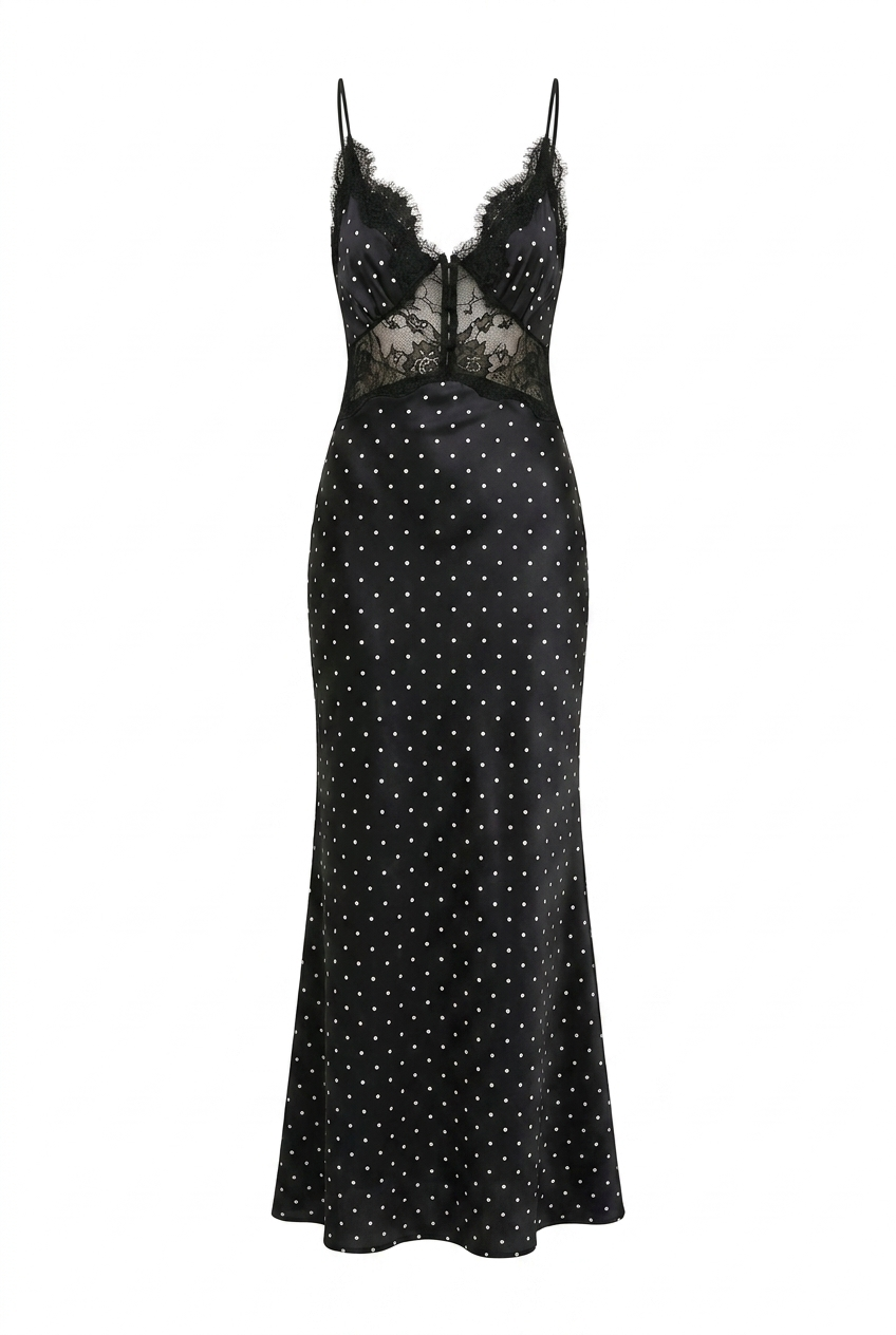 A&A Portelle Lace Detail Polka Dot Spaghetti Strap Maxi Dress
