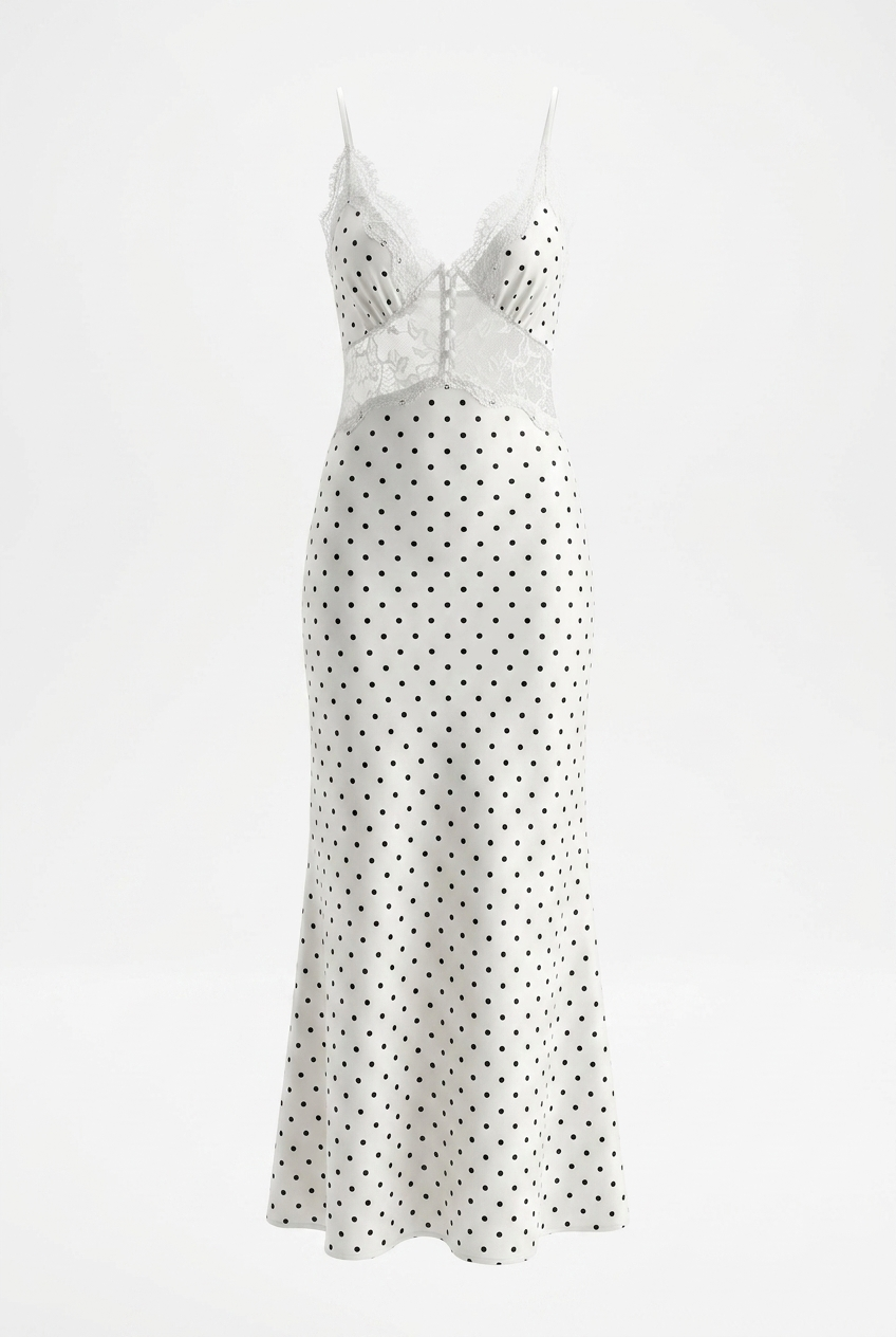 A&A Portelle Lace Detail Polka Dot Spaghetti Strap Maxi Dress