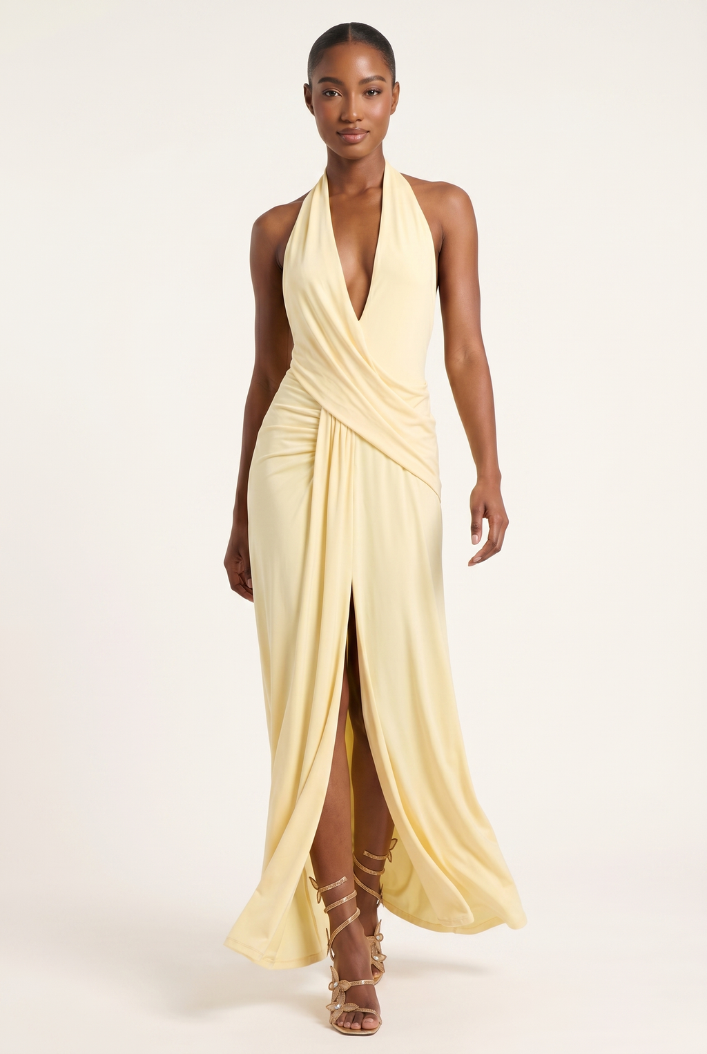 A&A Astraelle Halter Draped Backless Maxi Dress
