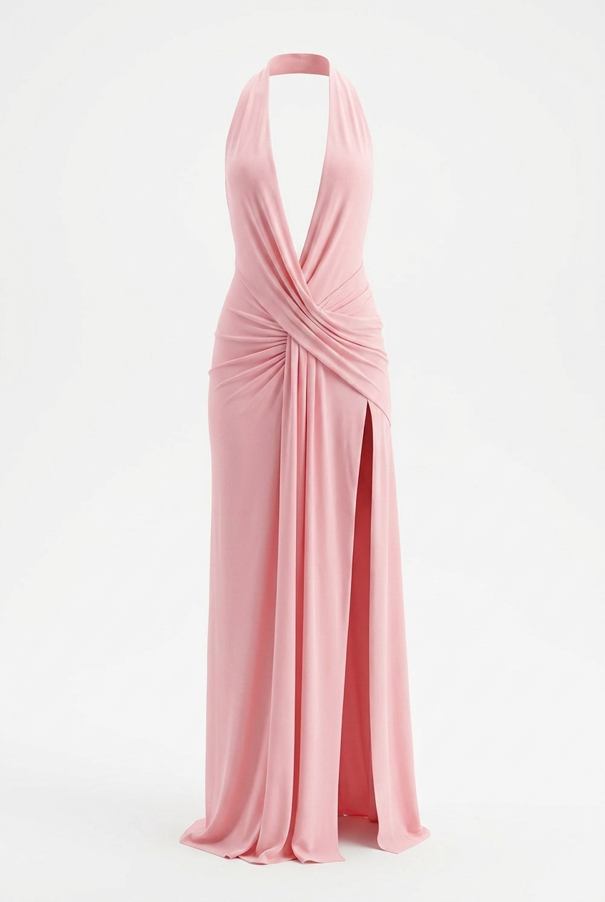 A&A Astraelle Halter Draped Backless Maxi Dress