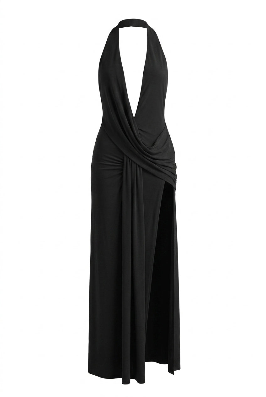 A&A Astraelle Halter Draped Backless Maxi Dress
