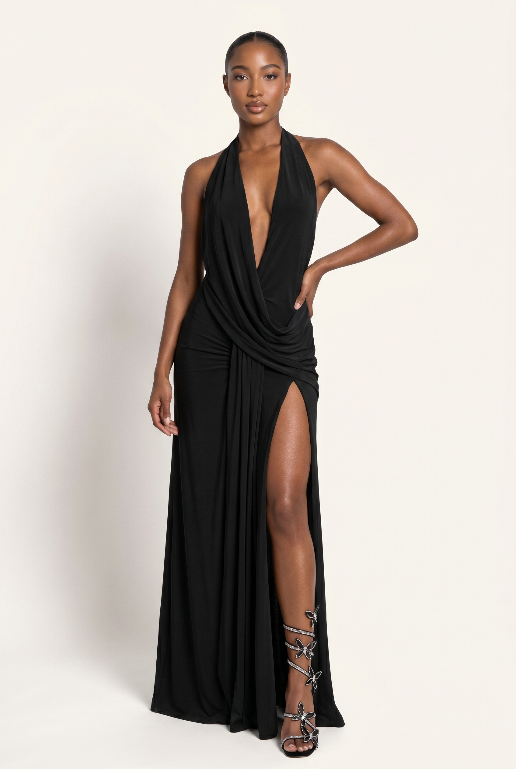 A&A Astraelle Halter Draped Backless Maxi Dress