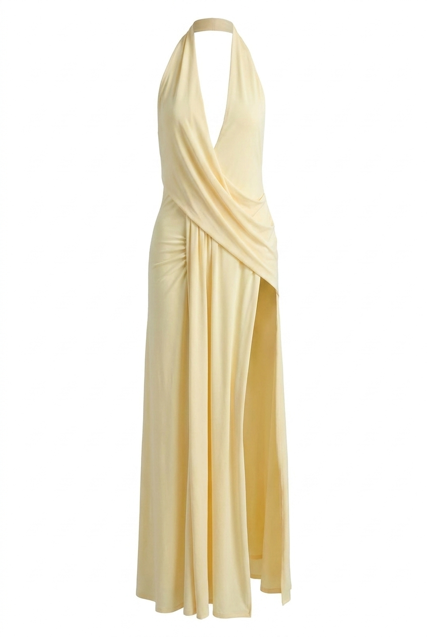 A&A Astraelle Halter Draped Backless Maxi Dress