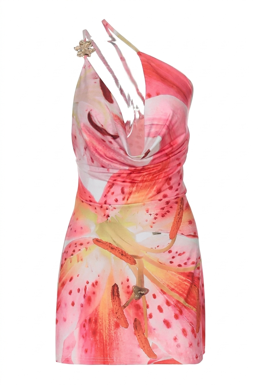 A&A Rhea One Shoulder Flower Print Mini Dress