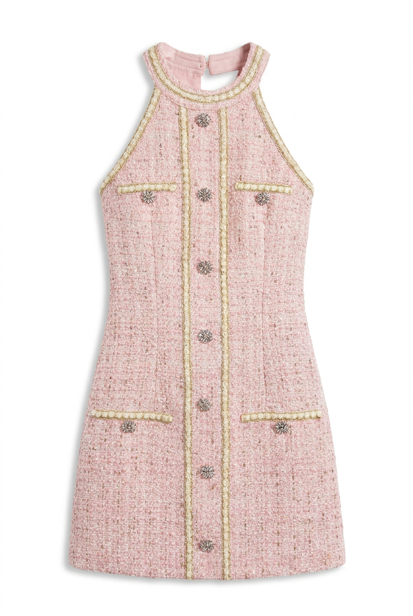 A&A Neya Tweed Rhinestone Halter Mini Dress