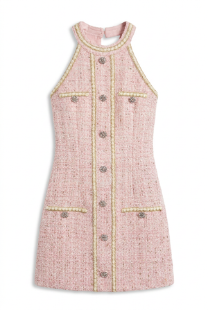 A&A Neya Tweed Rhinestone Halter Mini Dress