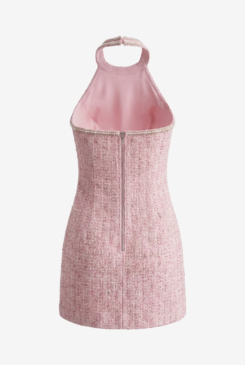 A&A Neya Tweed Rhinestone Halter Mini Dress